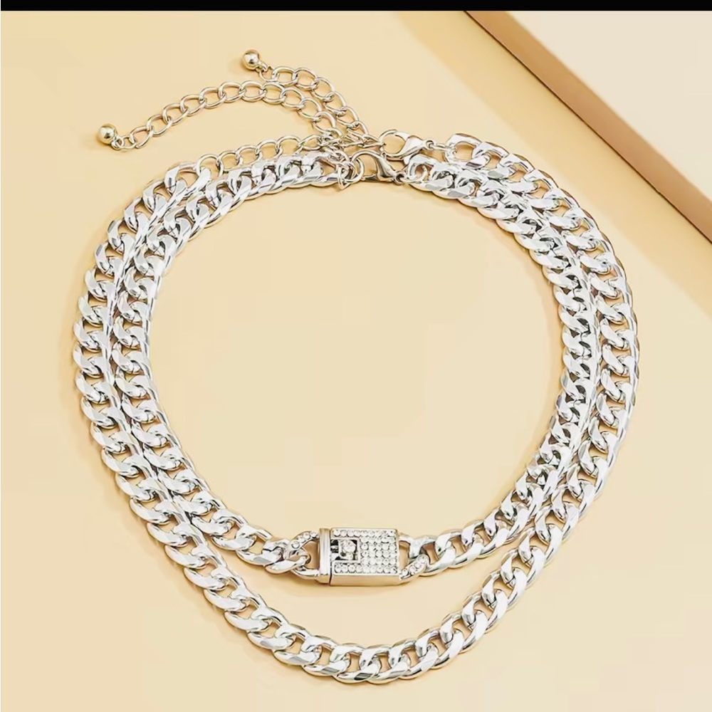 Choker necklace 2 pcs silver tone light weight rhinestone hip hop style alloy